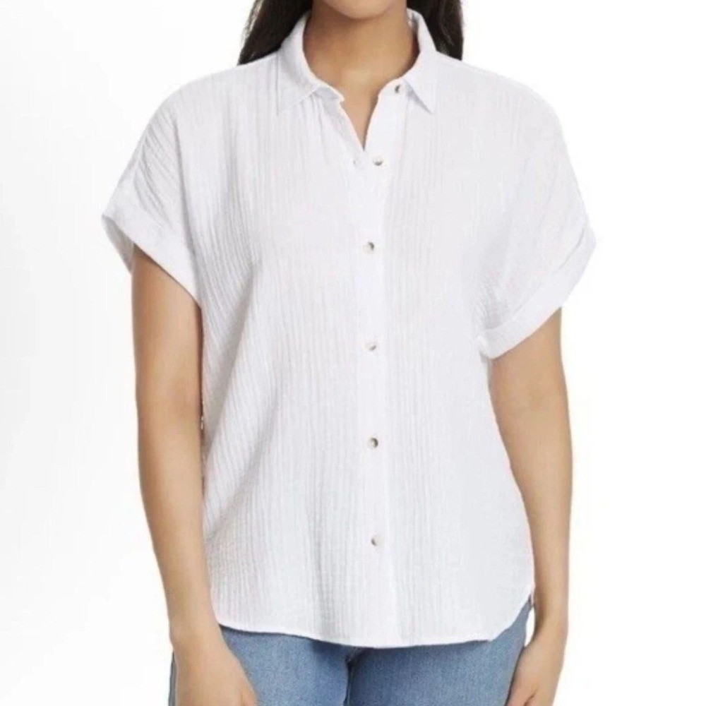 JESSICA SIMPSON Short Sleeve Gauze Relaxed Fit Top Sz L White Gauzy Shirt NWT